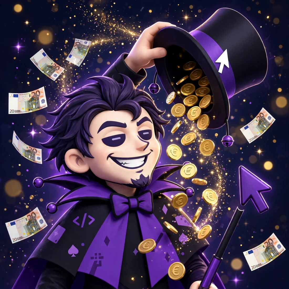 Mago do SORA virando a cartola e derramando moedas e notas de euro